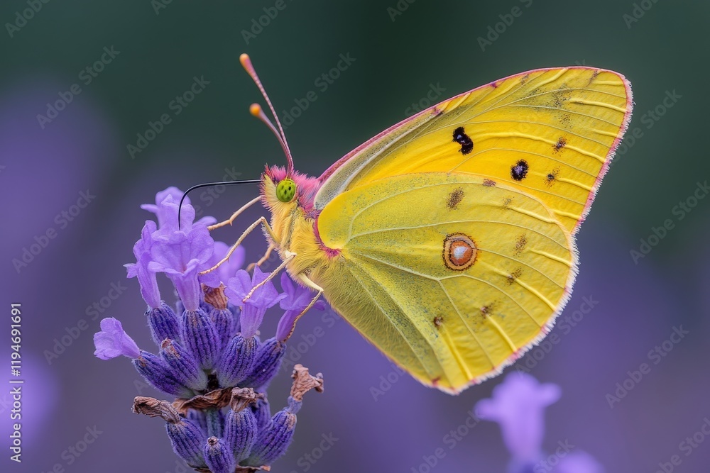 A delicate yellow butterfly with distinct markings is captured sitting on a vibrant lavender flower, illuminated by soft light, capturing the serenity of nature. A delicate yellow butterfly with distinct markings is captured sitting on a vibrant lavender flower, illuminated by soft light, capturing the serenity of nature.