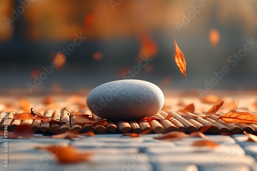 Smooth pebble on a bamboo mat surrounded by falling autumn leaves in warm sunlight photo