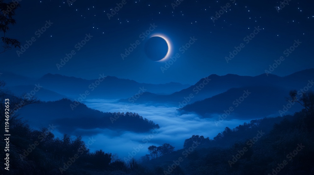 Night Sky Mountainscape Lunar Eclipse Partial View Night Sky Mountainscape Lunar Eclipse Partial View