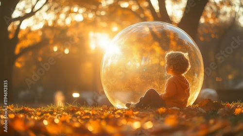 Child in protective transparent bubble sitting in park, sunset, soft warm light
