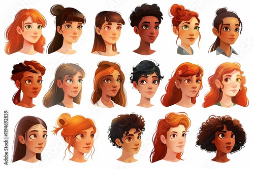 Diverse collection of cartoon character faces showcasing different hair styles and colors in a vibrant design. photo