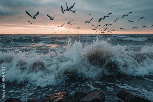 A mesmerizing coastal scene with seagulls soaring over the foamy waves crashing onto a rocky shore, all under the glow of a golden sunset sky on the horizon.