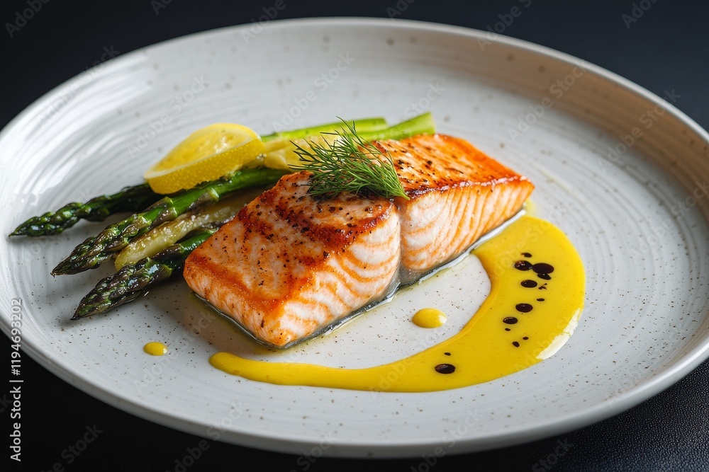 A plate of salmon fillet with lemon and dill sauce, served alongside asparagus in a honey mustard dressing for an elegant meal. A plate of salmon fillet with lemon and dill sauce, served alongside asparagus in a honey mustard dressing for an elegant meal.