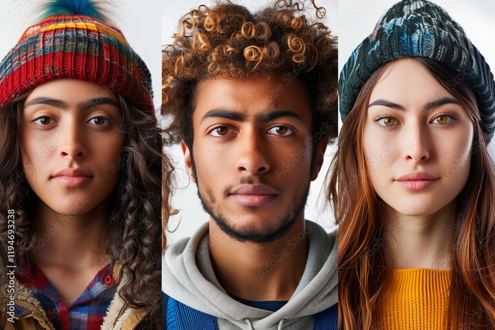 Diverse group of young adults showcasing unique styles and expressions, ideal for culture and lifestyle themes.