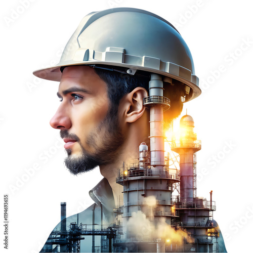 Portrait Industrial Worker Refinery Double Exposure Design man oil gas plant power image  