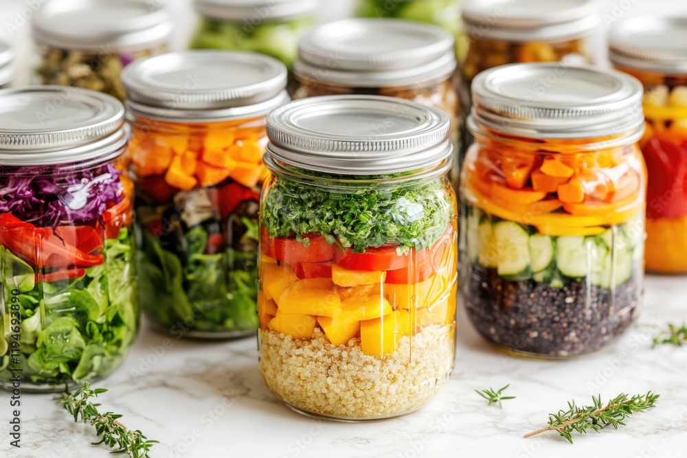 Mason jars filled with layered healthy salads, ready-to-eat, perfect for meal prepping. Mason jars filled with layered healthy salads, ready-to-eat, perfect for meal prepping.