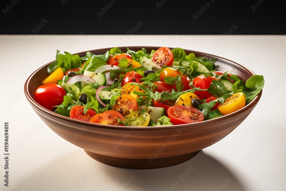 Fresh and colorful salad made with various vegetables and greens in a stylish wooden bowl. Fresh and colorful salad made with various vegetables and greens in a stylish wooden bowl.