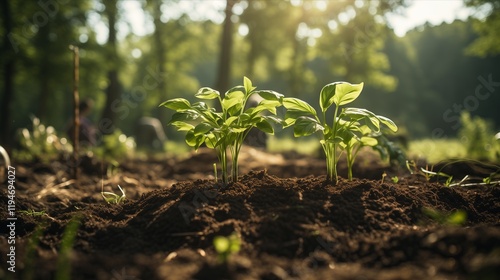 Fresh green seedlings growing in rich soil, illuminated by sunlight, showcasing the beauty of nature's growth. photo