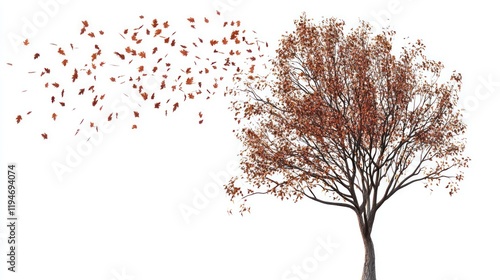 Autumn tree with falling leaves on white background. Potential use seasonal, nature, illustration photo