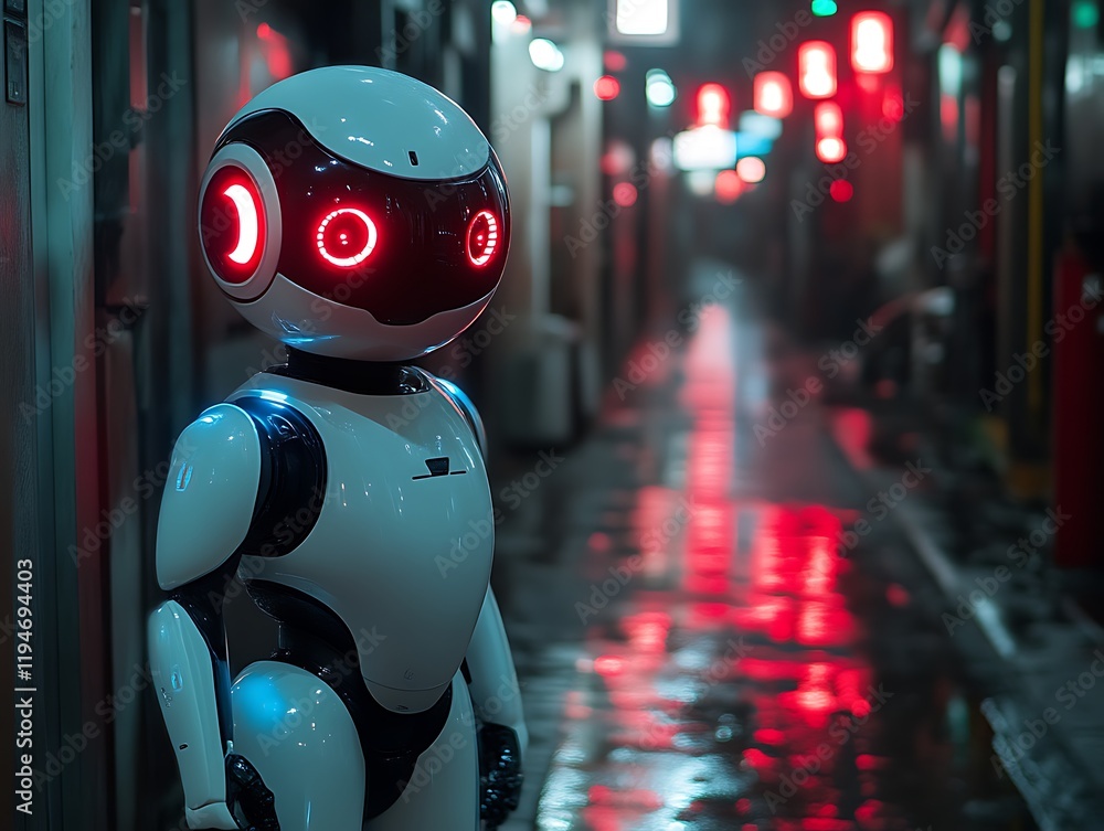 Fototapeta premium Futuristic robot standing in a dark, neon-lit alleyway.