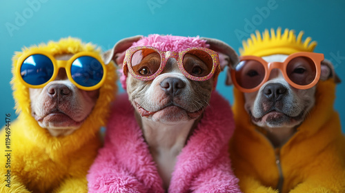 Funky dogs in Colorful Outfits on Bright Background