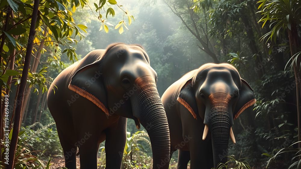 Fototapeta premium Thai elephant in the dense forest There was some light sent down.