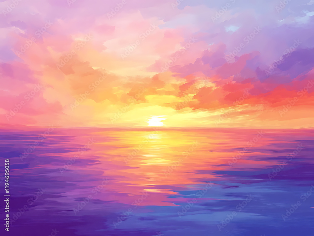 Obraz premium picturesque view of a colorful dusk sky, with a vibrant mix of orange, pink, and purple tones reflecting over a calm ocean