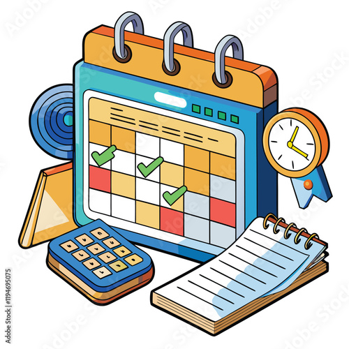 Calendar concept 3D illustration. Icon composition with calendar with scheduled dates and appointments, clock, to-do list with tasks, reminders and messages. Vector illustration for modern web design