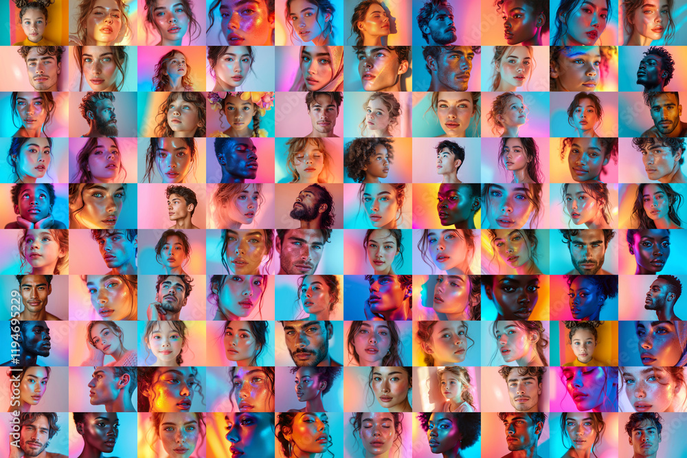 Fototapeta premium Colorful collage of illuminated portraits showcasing diverse individuals