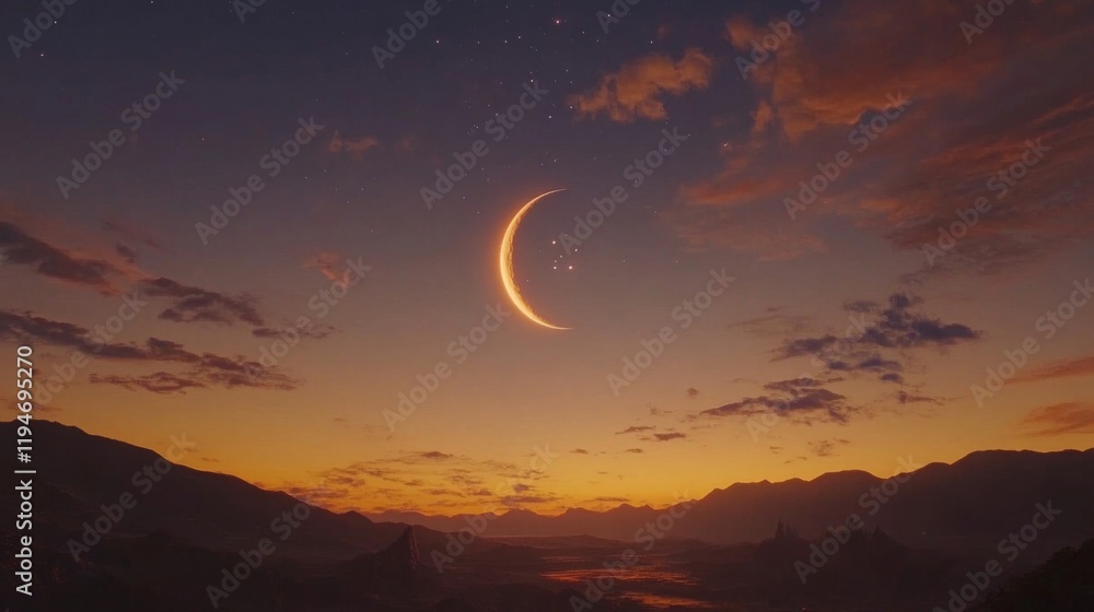 Fototapeta premium Crescent Moon Over Sunset Mountains Landscape