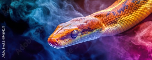 olorful snake in vibrant smoke, showcasing stunning patterns and hues against a dark, dramatic background, ideal for capturing attention in artistic and wildlife photo