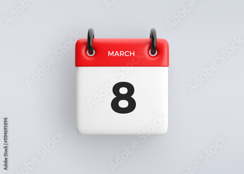 3D calendar icon with date 8 March on grey background. Vector schedule symbol.