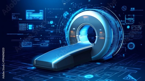 Illustration of an MRI Scanner with Blue and White Glowing Lines