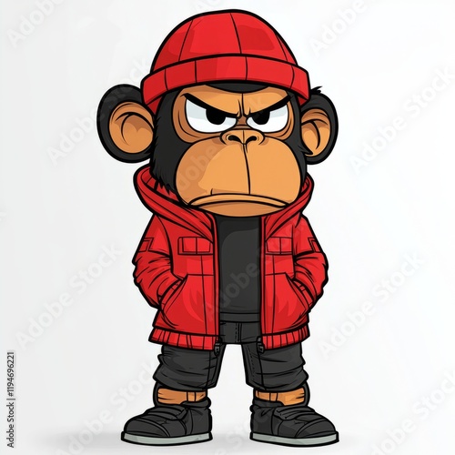 A Grumpy Chimpanzee Wearing Red Clothing photo