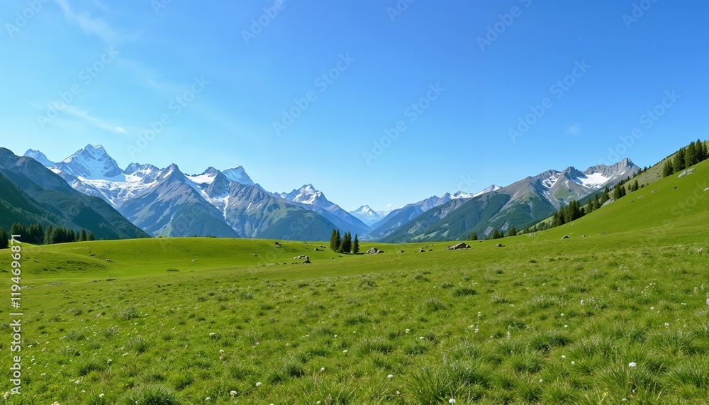 Obraz premium Vast Field with Grass, White Flowers, and Stones Under a Blue Sky, Fir Trees and Snow-Capped Mountains in the Distance on a Sunny Summer Day