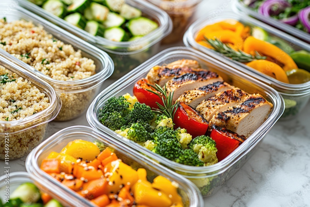 Healthy meal prep containers with grilled chicken, quinoa, broccoli, and roasted vegetables. Healthy meal prep containers with grilled chicken, quinoa, broccoli, and roasted vegetables.