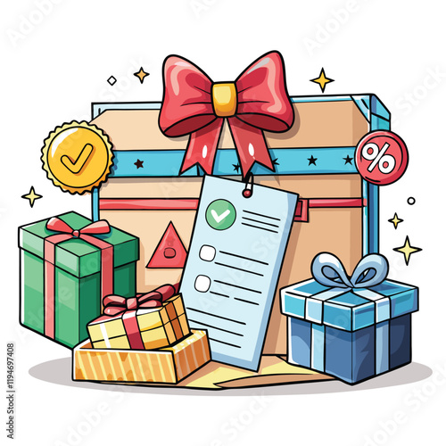Shopping gift certificate concept 3D illustration. Icon composition with card with bow, gift box and discounts on purchases. Loyalty program and bonuses. Vector illustration for modern web design