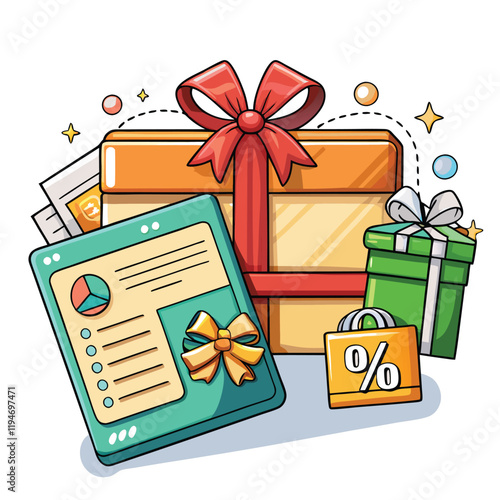 Shopping gift certificate concept 3D illustration. Icon composition with card with bow, gift box and discounts on purchases. Loyalty program and bonuses. Vector illustration for modern web design