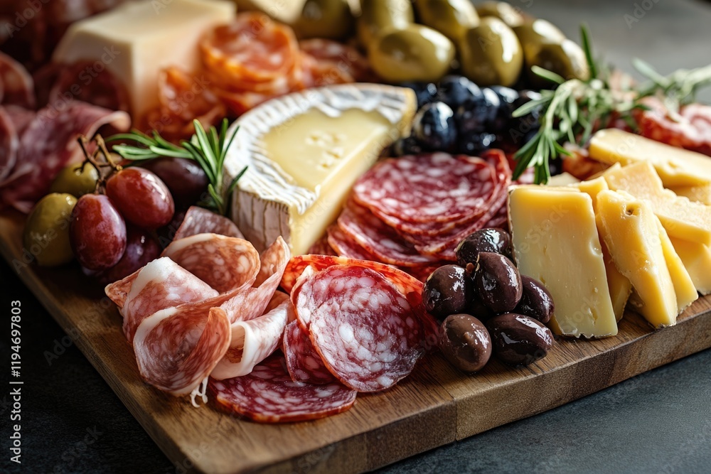 A delectable charcuterie board featuring various cheeses, cured meats, olives, and grapes. A delectable charcuterie board featuring various cheeses, cured meats, olives, and grapes.