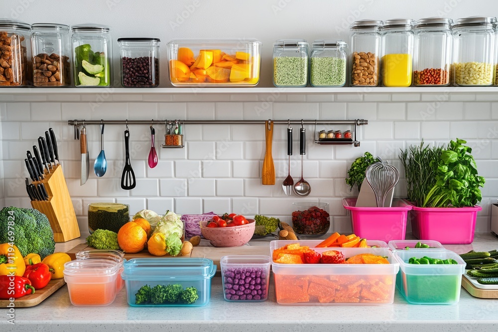 A well-organized kitchen pantry with various food containers and fresh produce neatly arranged on countertops. A well-organized kitchen pantry with various food containers and fresh produce neatly arranged on countertops.