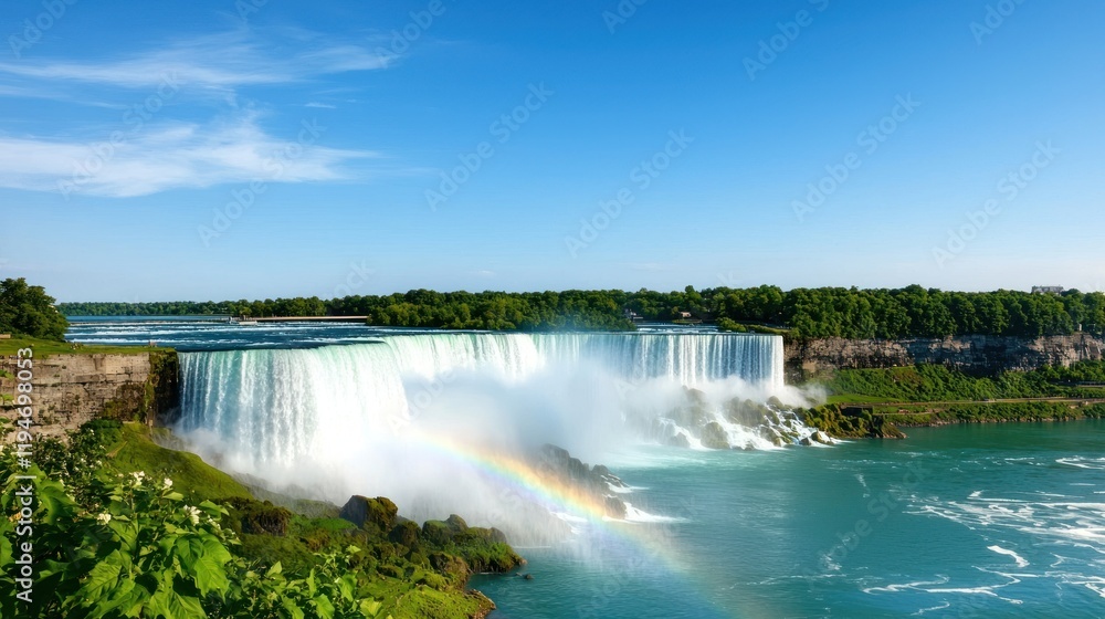 A scenic view of Niagara Falls with a rainbow and clear skies. A scenic view of Niagara Falls with a rainbow and clear skies.