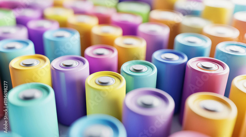 Colorful 9-volt battery surrounded by pastel-colored batteries creates a vibrant energy display on a clean white background photo