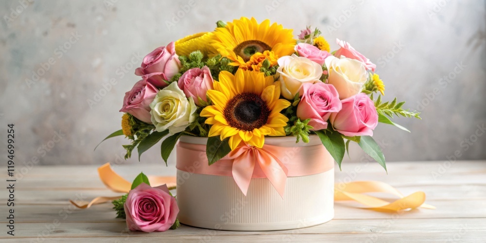 Fototapeta premium A delightful arrangement of sunflowers and roses in a hatbox