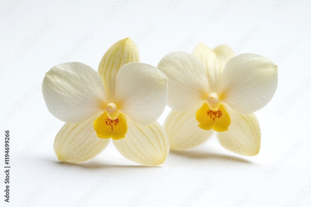Fototapeta premium Two white flowers with bright yellow centers on a simple white background