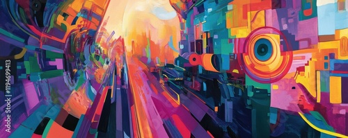 Panel kuchenny z motywem Vibrant painting of an abstract cityscape, colorful urban design, bold creative expression.