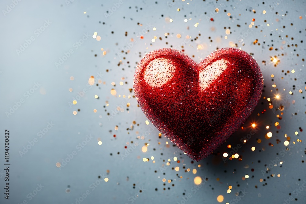 A vibrant red heart placed on a subtle blue background, adorned with sparkling golden glitter, conveys love and celebration in a joyful, radiant presentation. A vibrant red heart placed on a subtle blue background, adorned with sparkling golden glitter, conveys love and celebration in a joyful, radiant presentation.