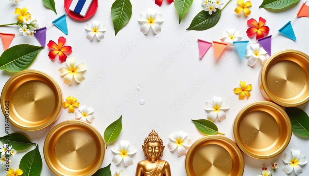 Joyful Songkran Festival elements with Buddha statue, vibrant celebration Joyful Songkran Festival elements with Buddha statue, vibrant celebration