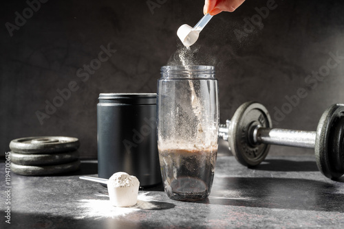 Obraz na płótnie Amino acid food supplement, creatine powder in a measuring scoop, Sports nutriti