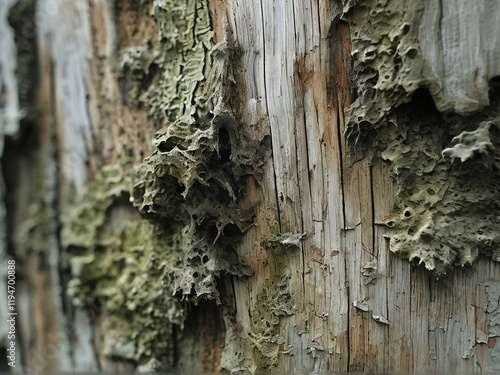 Close-up view of textured wood with lichen growth, showcasing nature's intricate patterns photo