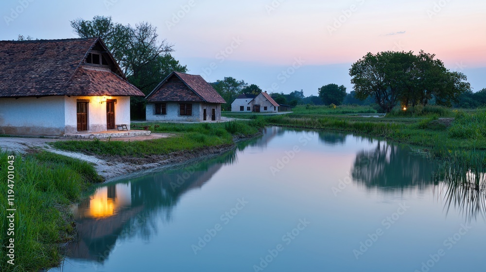 Tranquil Village by the River at Sunset Tranquil Village by the River at Sunset