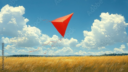 A Vibrant Red Kite Soars Through a Clear Blue Sky Over a Golden Field, Capturing the Essence of Freedom and Joy in Nature’s Embrace