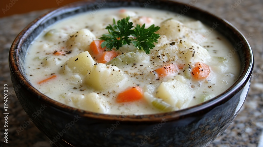 Creamy potato soup with carrots, celery, and parsley garnish.