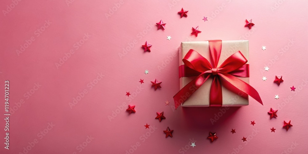 A Festive Gift Box with a Red Bow and Starry Decorations A Festive Gift Box with a Red Bow and Starry Decorations