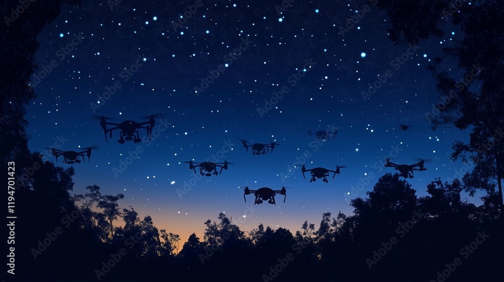 Drones all over in the sky at night, realistic. Drones all over in the sky at night, realistic.