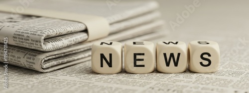 News concept with lettered cubes on stacked newspapers and printed text photo