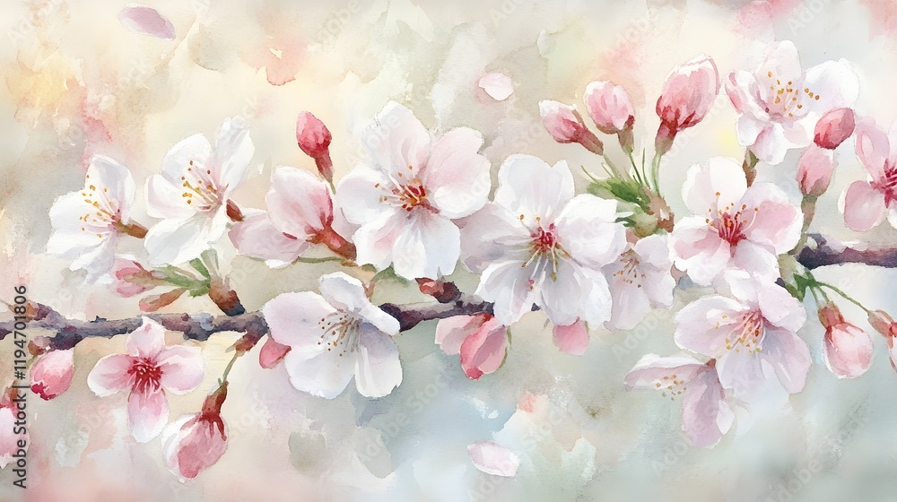 Delicate Watercolor Painting Of Cherry Blossoms In Bloom