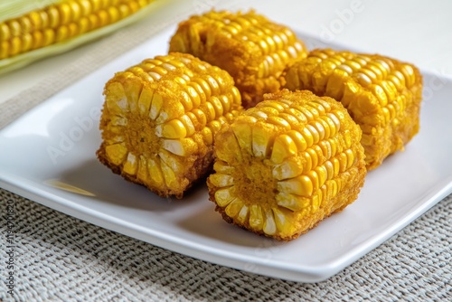 A simple still life image of a white plate topped with corn, placed on a table photo