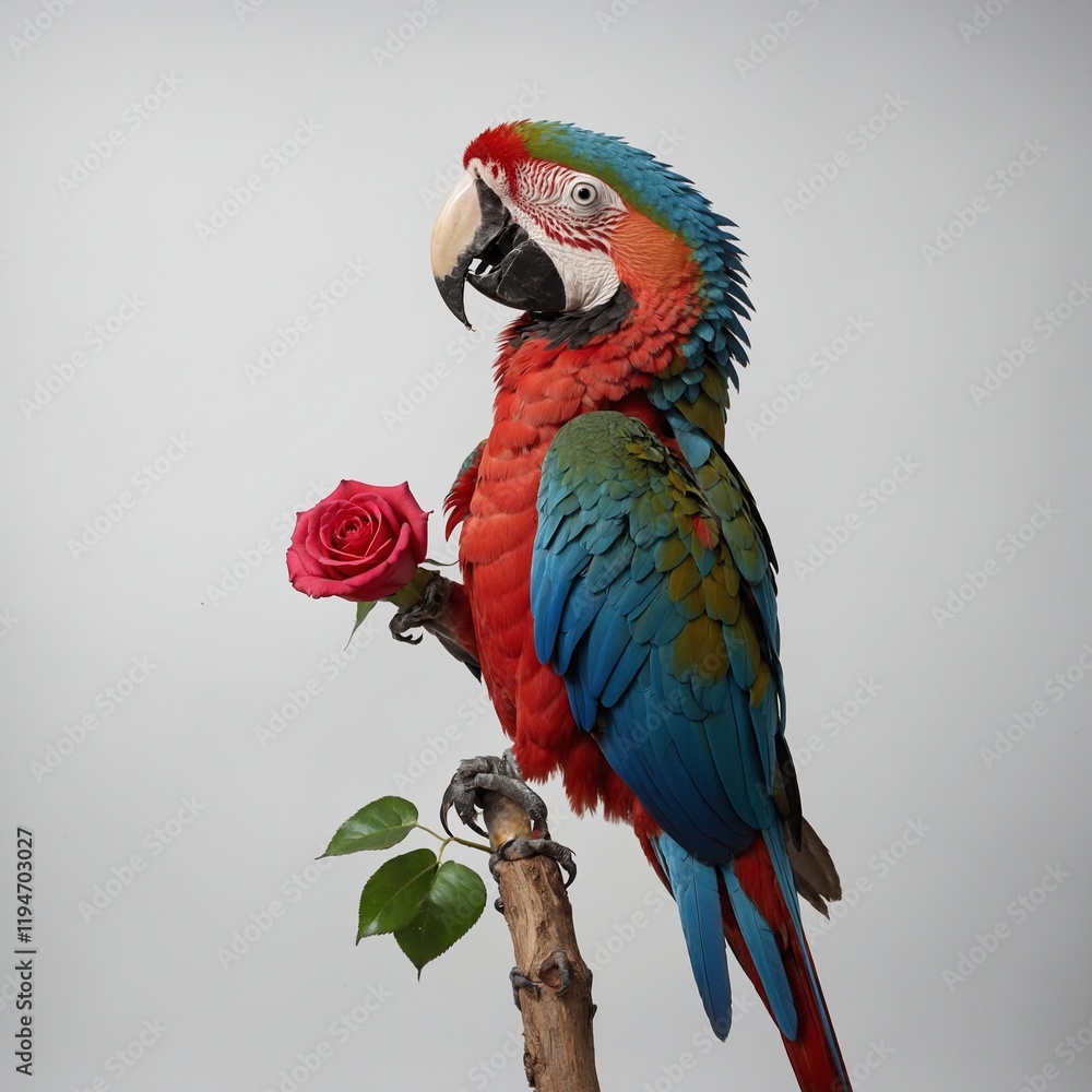 A macaw balancing a rose on its tail feathers, its eyes sparkling with curiosity, set vividly against a white background. A macaw balancing a rose on its tail feathers, its eyes sparkling with curiosity, set vividly against a white background.