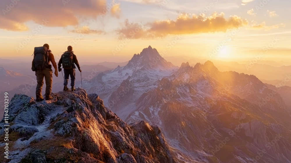 Two hikers conquer a breathtaking mountain peak at sunset, embracing nature's grandeur and stunning views Two hikers conquer a breathtaking mountain peak at sunset, embracing nature's grandeur and stunning views