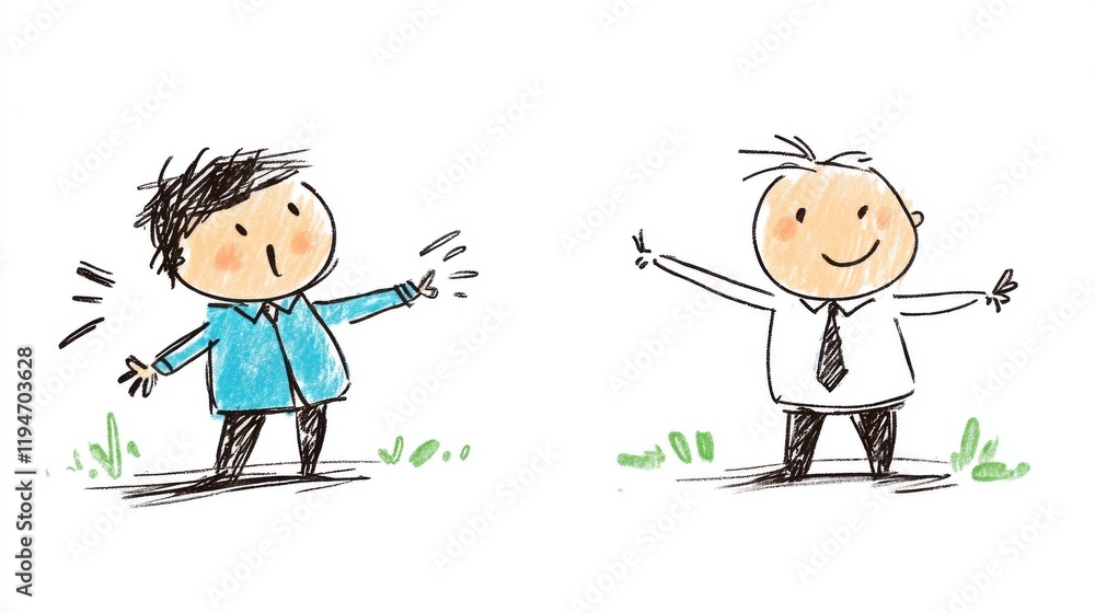 Two Cartoon Characters in Minimalist Style Expressing Joy and Surprise in a Playful Environment Two Cartoon Characters in Minimalist Style Expressing Joy and Surprise in a Playful Environment